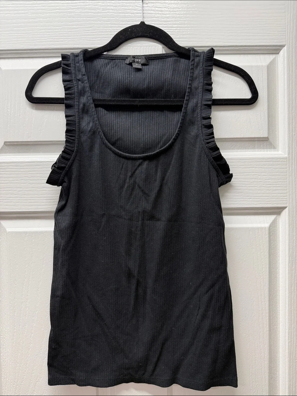 J. Crew Black Ribbed Tank with Ruffle Shoulder Trim
